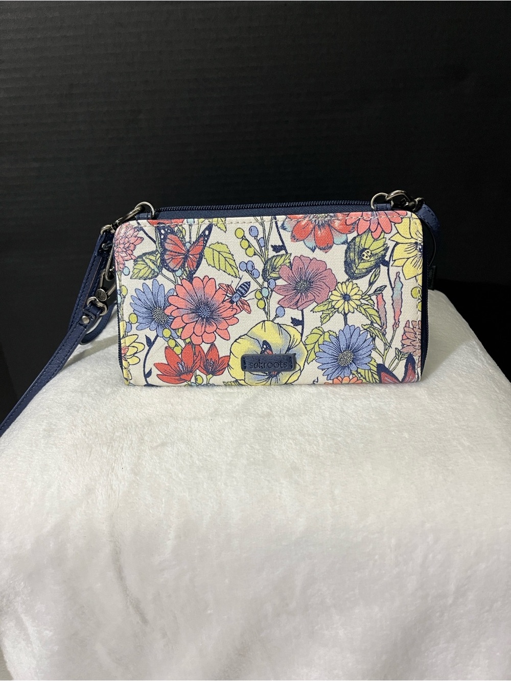 Sakroots Multicolor Floral Crossbody with Navy Trim